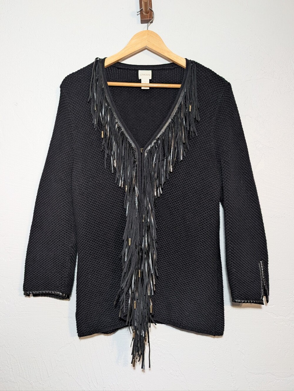 Chicos Black Knit Fringe Cardigan Western Grunge Whimsigoth Alt Maximalist Goth